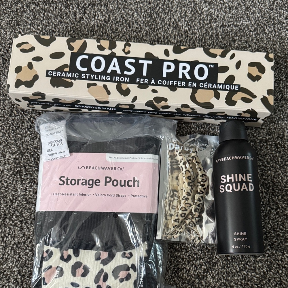 The Beachwaver Co. Leopard Print Storage Pouch Set shine Squad spray 2 clips